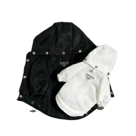 Black and white hooded dog windbreakers with Prada triangle logo on chest