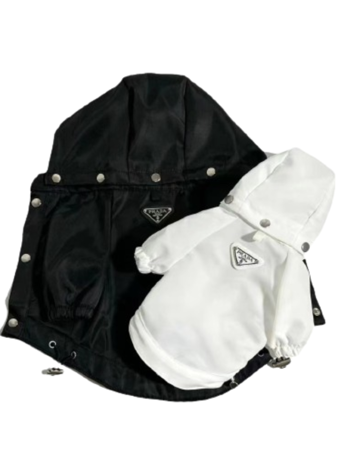 Black and white hooded dog windbreakers with Prada triangle logo on chest