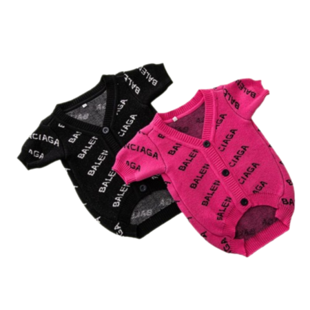 Black and pink knit dog cardigans with all-over Balenciaga logo pattern on white background