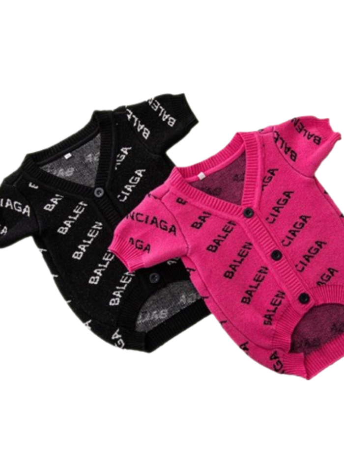 Black and pink knit dog cardigans with all-over Balenciaga logo pattern on white background