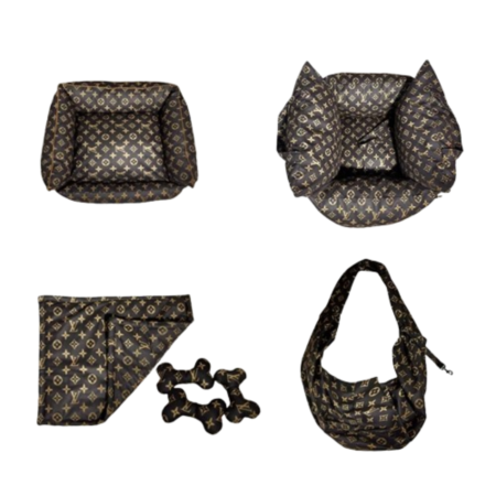 Brown monogram luxury dog bed set with V pattern inspired by Louis Vuitton