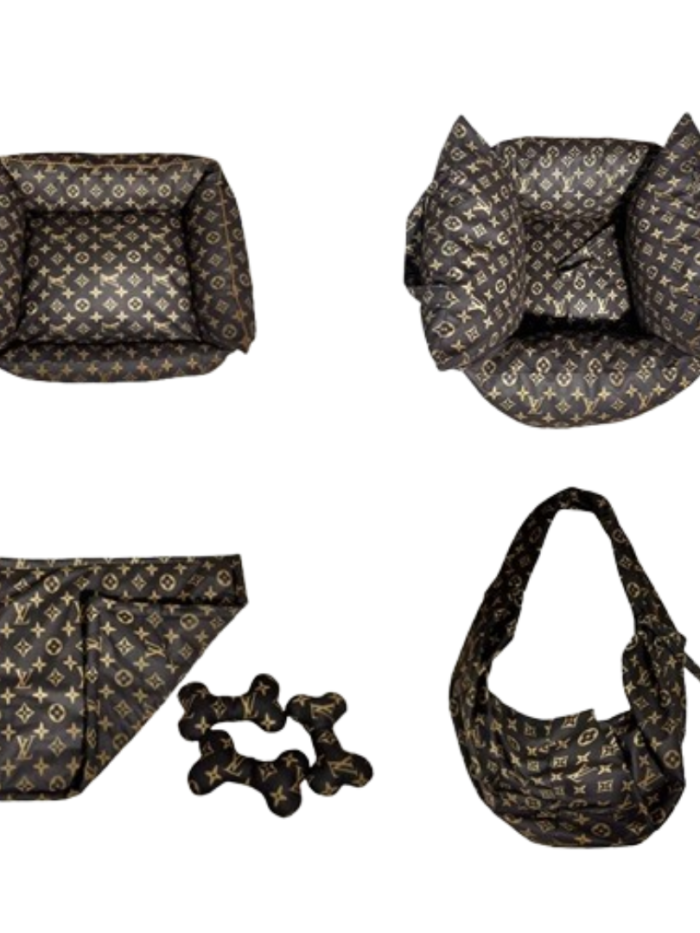 Brown monogram luxury dog bed set with V pattern inspired by Louis Vuitton