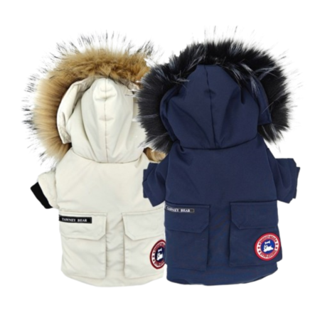 Navy and cream Canada Goose style dog puffer jackets with faux fur hoods