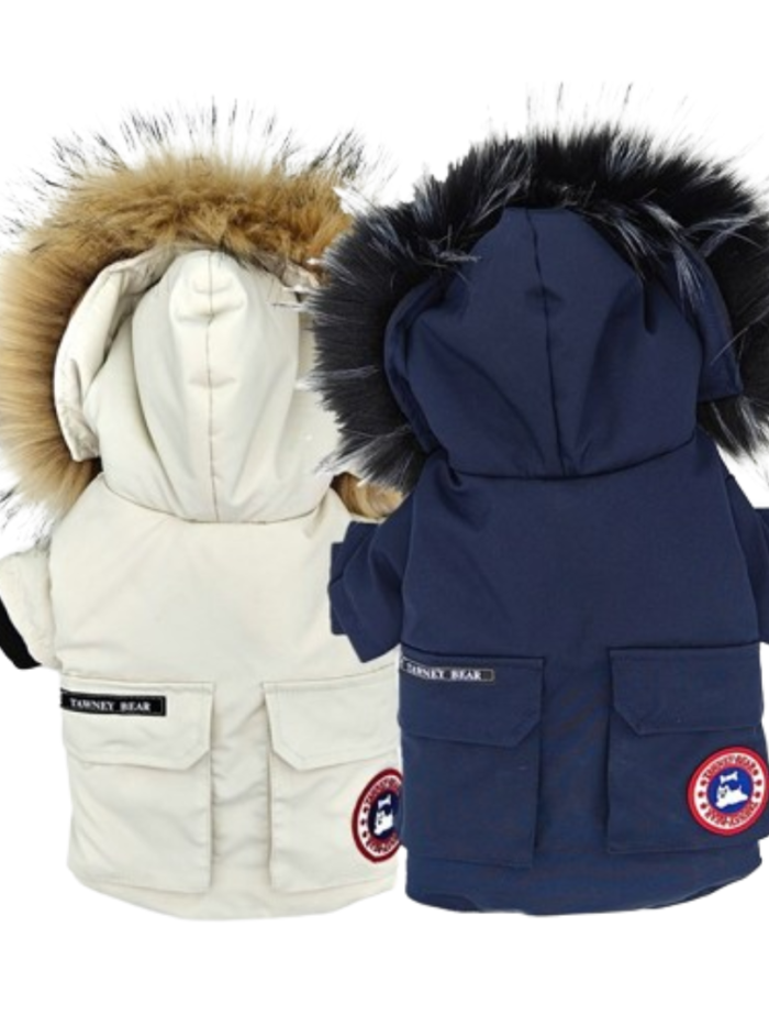 Navy and cream Canada Goose style dog puffer jackets with faux fur hoods