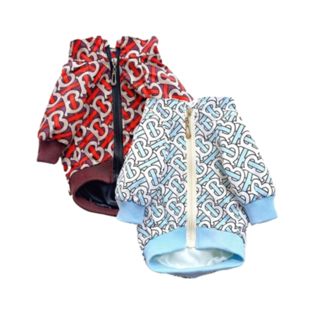 Blue and coffee TB monogram dog jackets Burberry style with zip front and ribbed cuffs