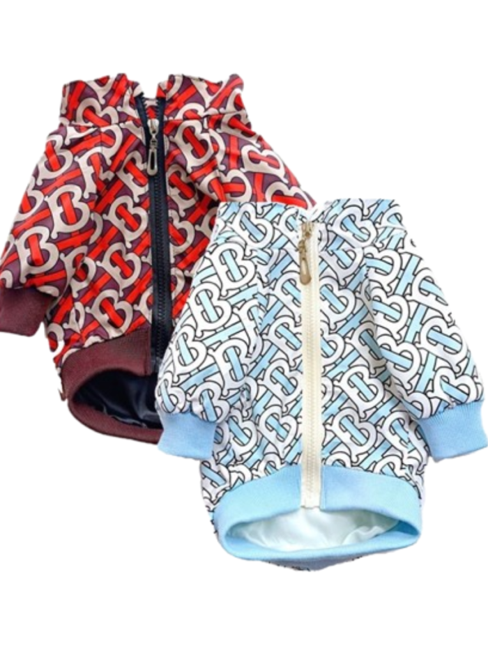 Blue and coffee TB monogram dog jackets Burberry style with zip front and ribbed cuffs