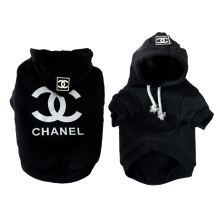 Black dog hoodie with white Chanel interlocking logo Chewnel style