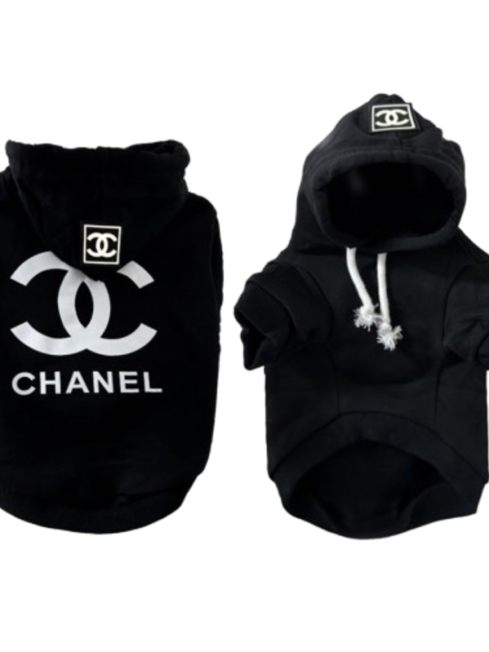 Black dog hoodie with white Chanel interlocking logo Chewnel style