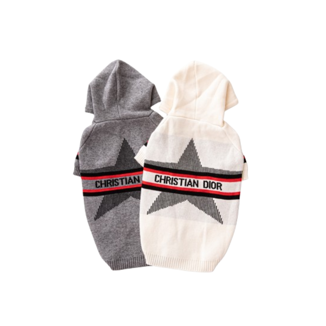 Grey and beige knit dog hoodies with star motif and Christian Dior band inspired by Dior