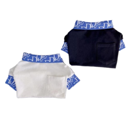 Navy dog polo with blue Dior Oblique print collar and sleeves on white background