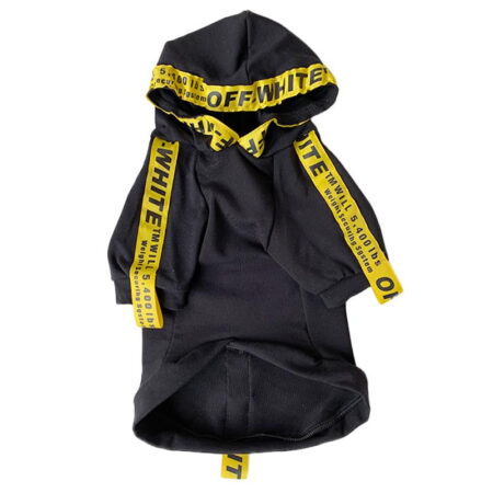 Black dog hoodie with yellow OFF-WHITE industrial straps and text inspired by Off-White