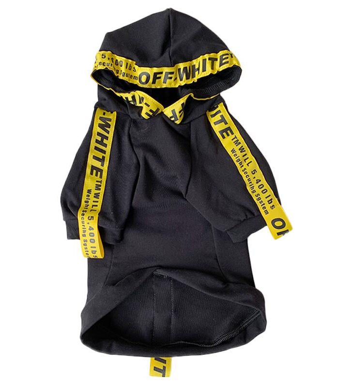 Black dog hoodie with yellow OFF-WHITE industrial straps and text inspired by Off-White