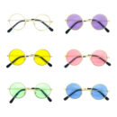 Round frame dog sunglasses in multiple colors including clear, purple, yellow, pink, green and blue lenses