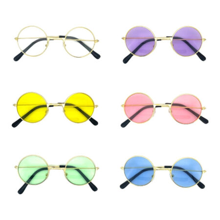 Round frame dog sunglasses in multiple colors including clear, purple, yellow, pink, green and blue lenses