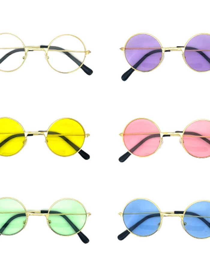 Round frame dog sunglasses in multiple colors including clear, purple, yellow, pink, green and blue lenses