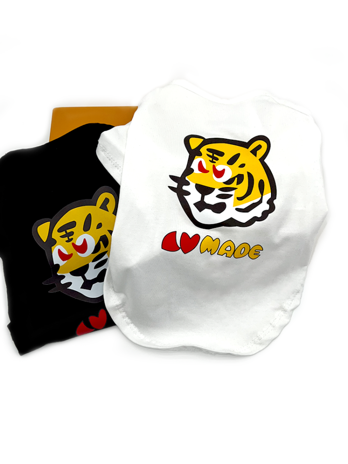 Black and white A Barking Pup tiger tee comparison showing both colorways available