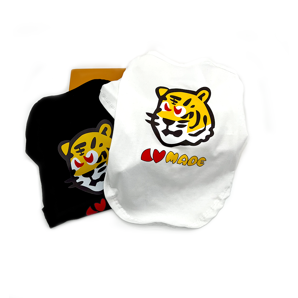 Black and white A Barking Pup tiger tee comparison showing both colorways available