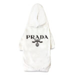 White dog hoodie with black Prada Milano branding, designer streetwear style