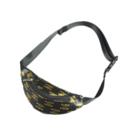 Black fanny pack with gold monogram print inspired by Celine on white background