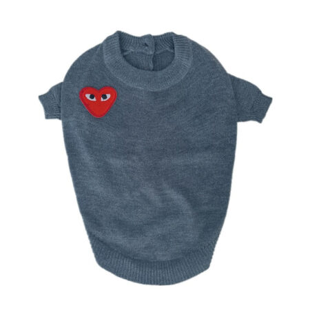 Grey knit dog sweater with red CDG heart logo on chest