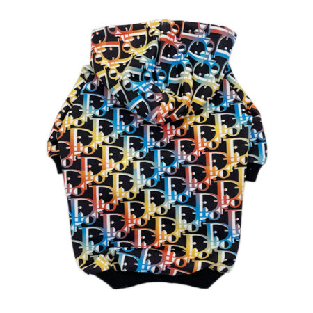 Multicolor Dogior logo print dog hoodie with black ribbed trim on white background