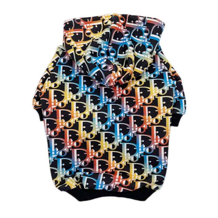 Multicolor Dogior logo print dog hoodie with black ribbed trim on white background
