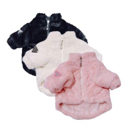 Three faux fur dog jackets in black white and pink with Prada inspired triangle logo patches