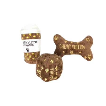 Brown monogram plush dog toys Louis Vuitton style with coffee cup bone and ball shapes