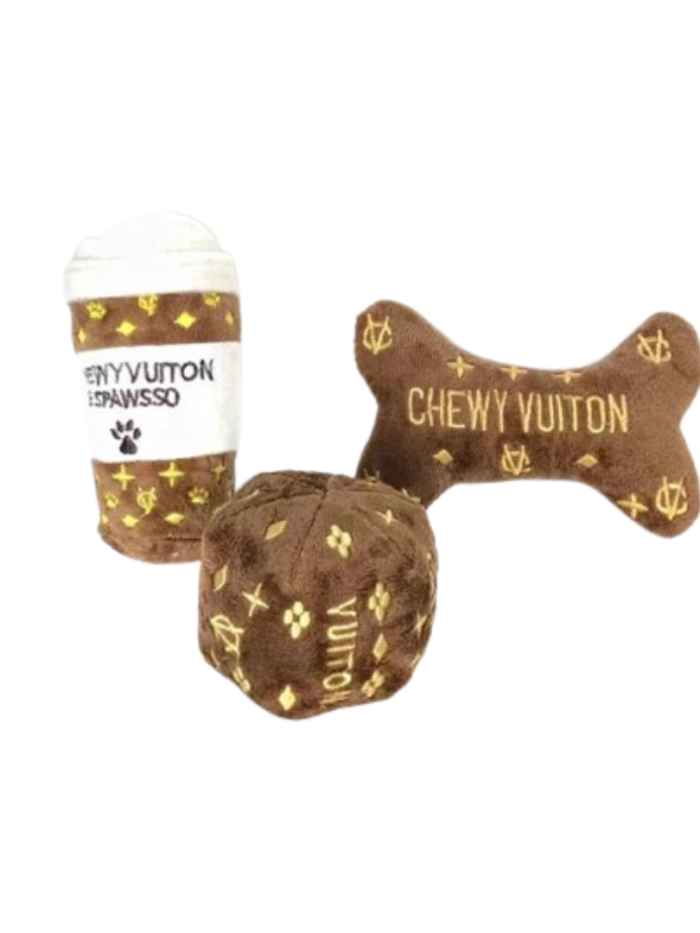 Brown monogram plush dog toys Louis Vuitton style with coffee cup bone and ball shapes