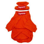 Orange ribbed dog hoodie and hat set Supreme style streetwear