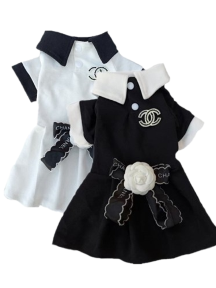 Black and white Chewnel dog dresses with structured collars and logo details inspired by Chanel