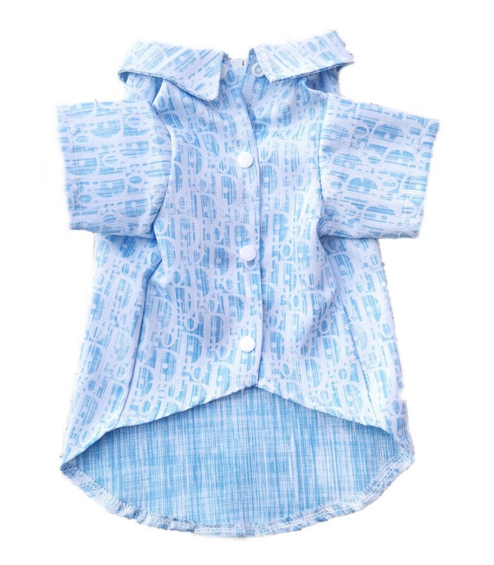 Light blue oblique print dog shirt with button closure and curved hem Dior style