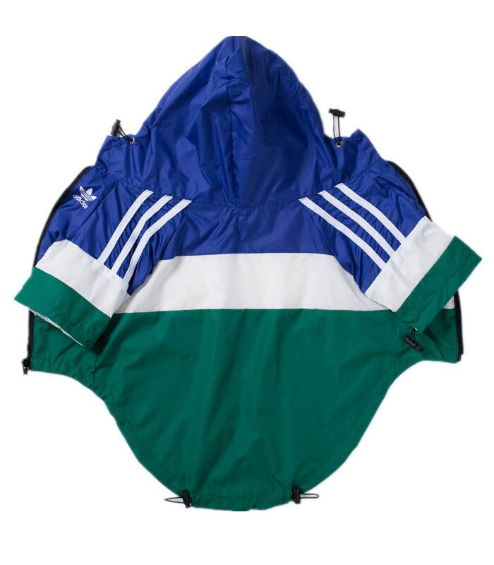 Blue white and green colorblock dog windbreaker Adidas style with adjustable hood