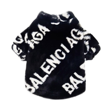 Black faux fur dog jacket Balenciaga style with white logo print and zip closure
