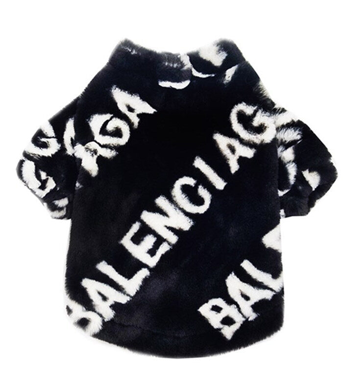 Black faux fur dog jacket Balenciaga style with white logo print and zip closure