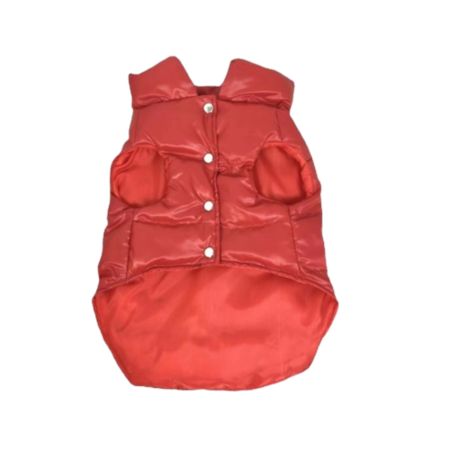 Red quilted dog vest with snap buttons and Moncler inspired badge detail