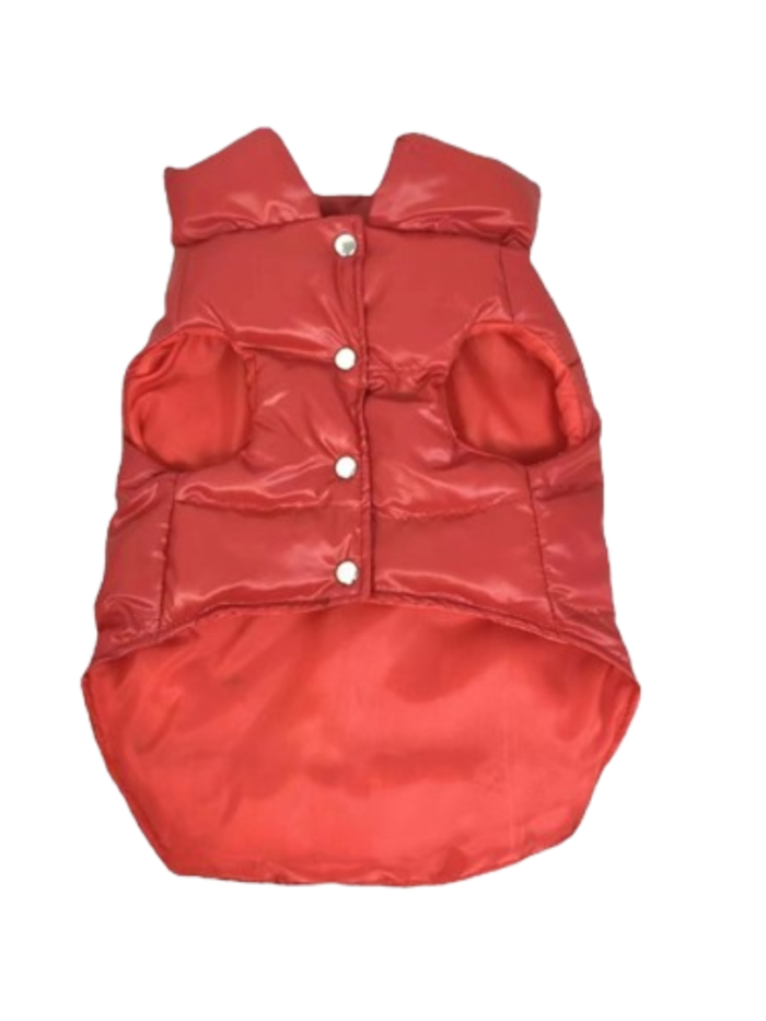 Red quilted dog vest with snap buttons and Moncler inspired badge detail