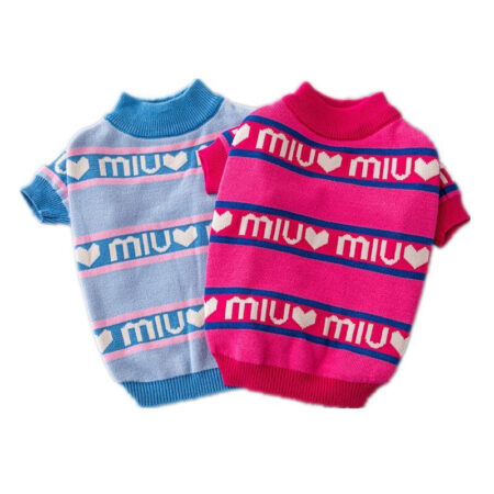 Blue and pink knit dog sweaters with heart and miu logo stripes Miu Miu inspired