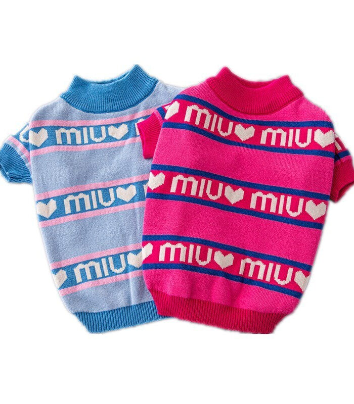 Blue and pink knit dog sweaters with heart and miu logo stripes Miu Miu inspired