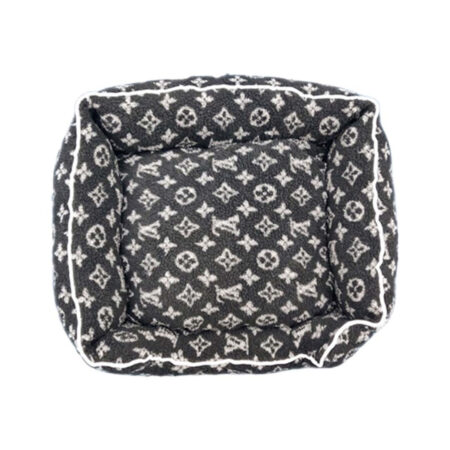 Charcoal and white V monogram fleece dog bed with contrast white piping Louis Vuitton inspired