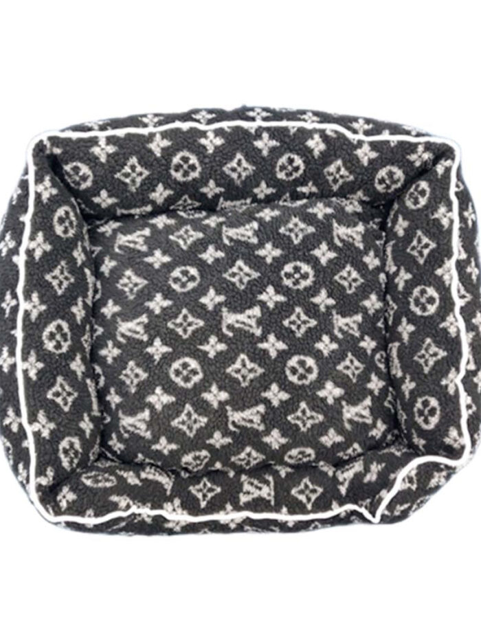 Charcoal and white V monogram fleece dog bed with contrast white piping Louis Vuitton inspired