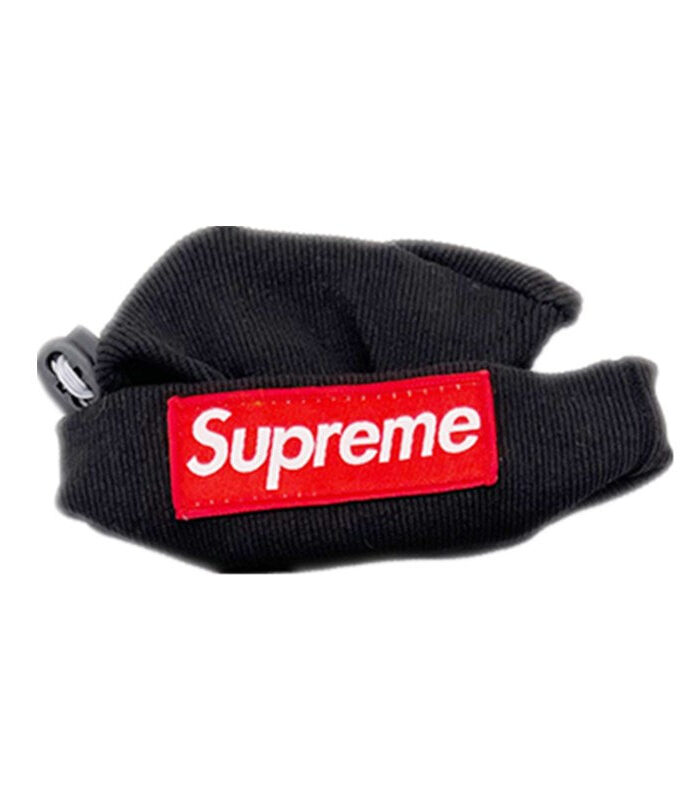 Black knit dog beanie with red Supreme box logo inspired by Supreme streetwear