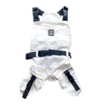 White dog overalls with black buckle straps Chanel style with chest logo