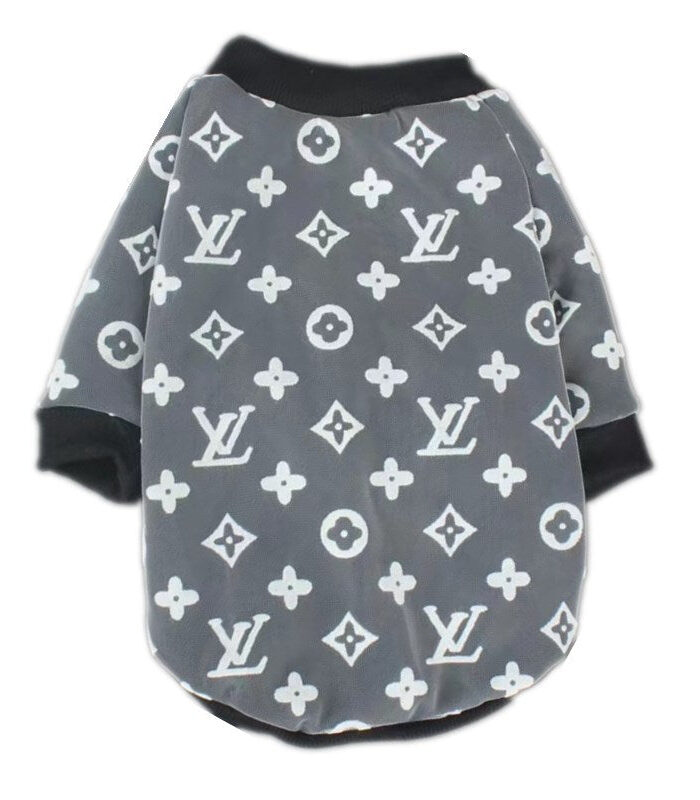 Gray jacquard dog sweatshirt with white V monogram pattern inspired by Louis Vuitton