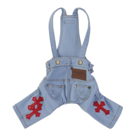 Light blue denim dog overalls with red cross patches Chrome Hearts inspired flat lay