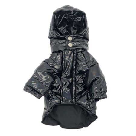 Black quilted puffer dog jacket showing back view with quilted panels and hood detail