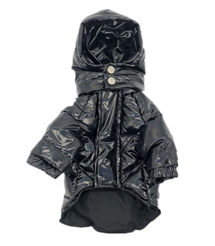 Black quilted puffer dog jacket showing back view with quilted panels and hood detail