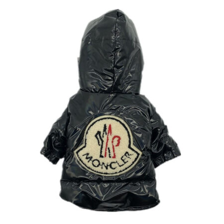 Black quilted puffer dog jacket Moncler inspired with hood and zip closure on mannequin