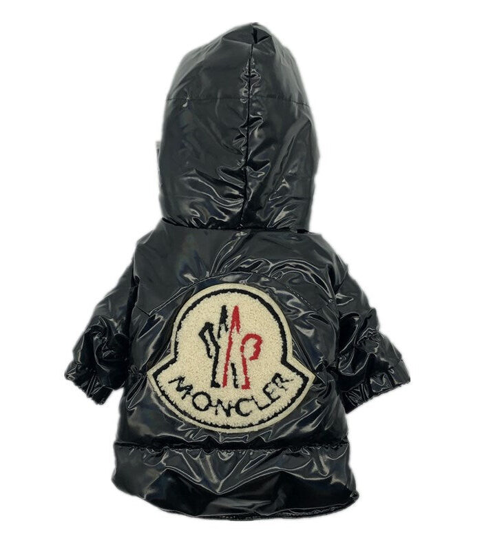 Black quilted puffer dog jacket Moncler inspired with hood and zip closure on mannequin