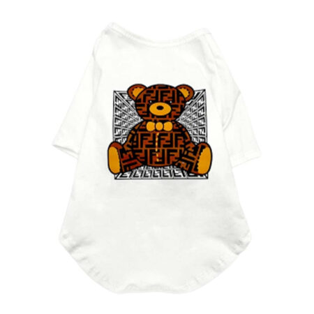 White cotton dog tee with Furdi bear graphic in brown and orange Fendi monogram print